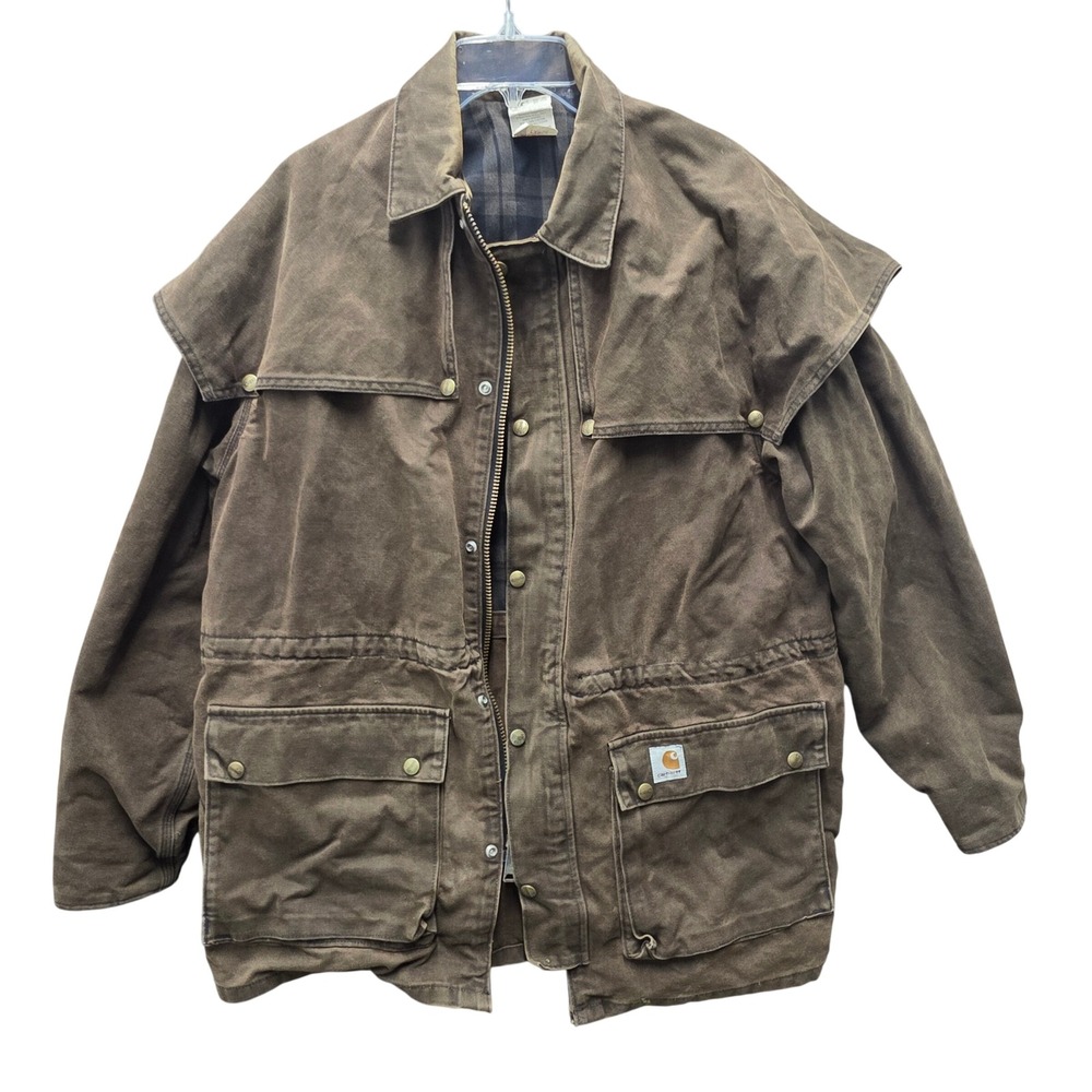 Vintage Carhartt CW082 Brown Duck Canvas Duster Cape Coat Plaid Lined Mens Large